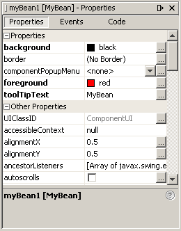 此图表示“属性”窗口中的 myBean1 属性